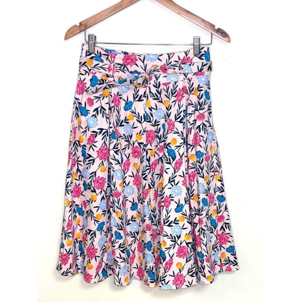 Collectif Floral Cotton Skirt with Belt in White Pink & Blue Flowers - Size S